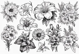 Bouquet including marigolds, lilies, morning glories, asters, violets, and carnations tattoo idea