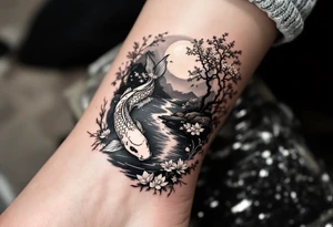 a koi fish swimming upstream in a pond moonlight by the full moon with a sakura tree by the pond tattoo idea