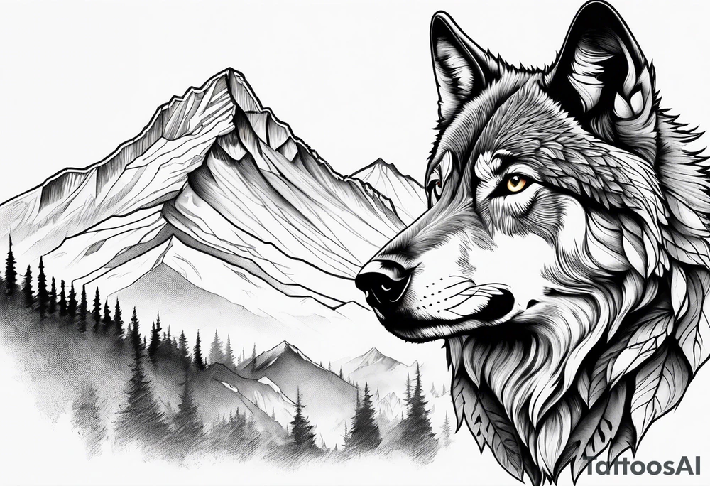 Mountains, wolf in it tattoo idea