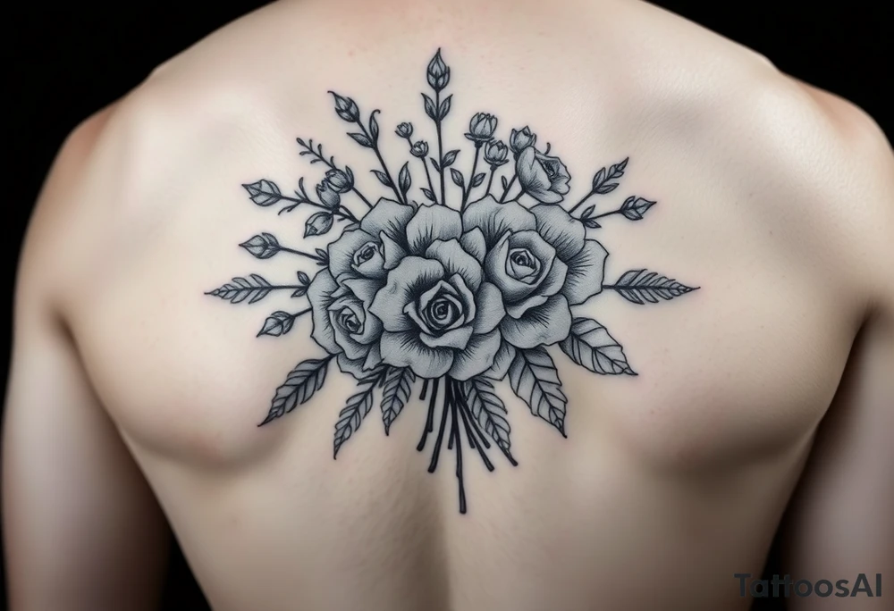 vintage bouquet of wild roses and meadow flowers with morning dew tattoo idea
