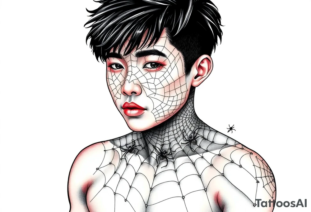 Handsome Asian young guy covered with spiders web tattoo idea