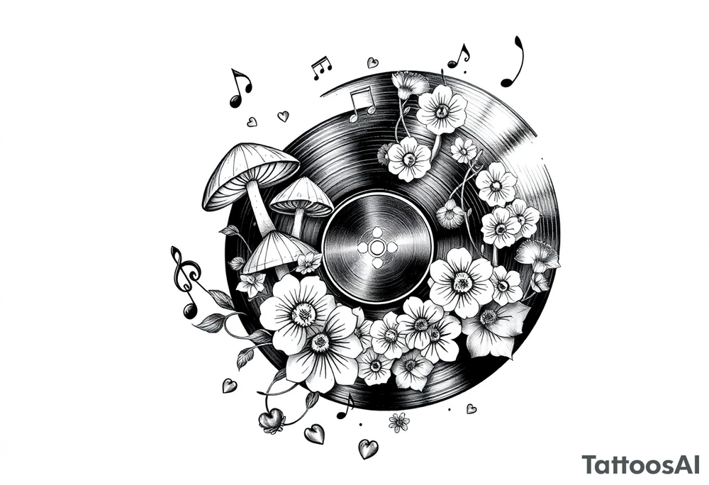 vinyl record with mushrooms, flowers, hearts, and music notes tattoo idea