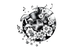 vinyl record with mushrooms, flowers, hearts, and music notes tattoo idea