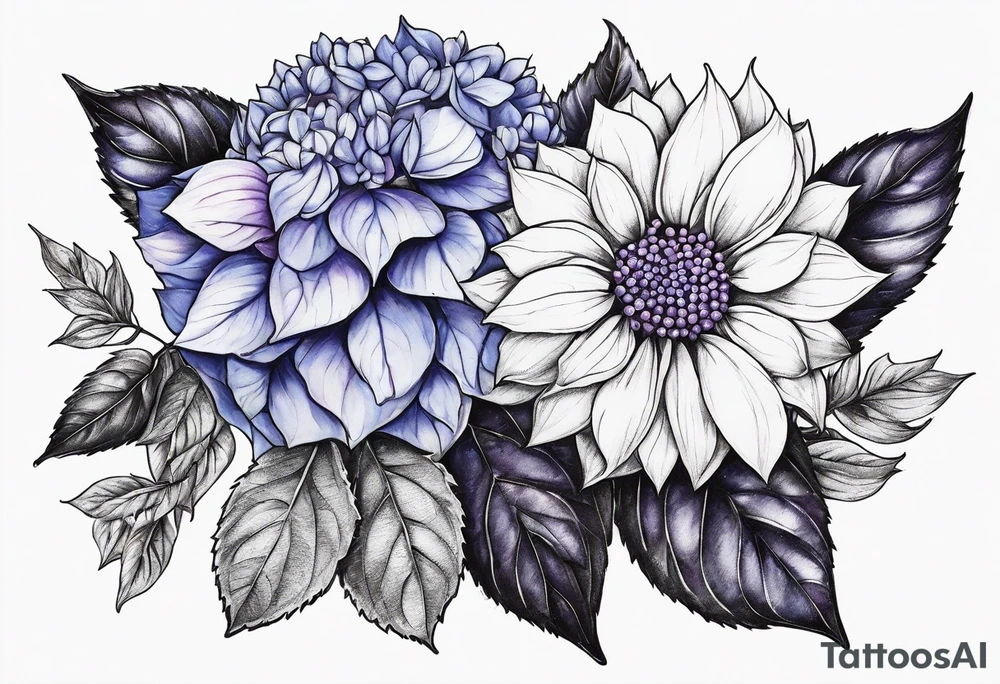 Blue and purple hydrangea flowers with orange sunflowers tattoo idea