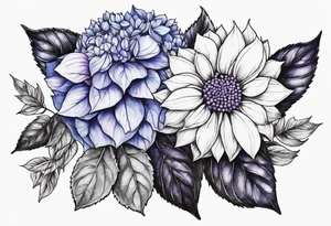 Blue and purple hydrangea flowers with orange sunflowers tattoo idea