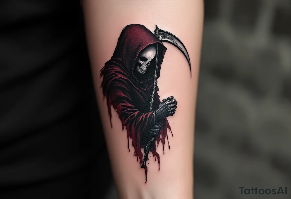 A shadowy Reaper cloaked in deep maroon, with a scythe blade reflecting a full moon in shimmering silver tones. tattoo idea