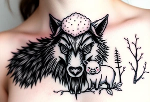 Big bad wolf nursery rhyme wearing a sheep costume with sheep head hood to kill and eat the three little pigs and little red riding hood in the woods tattoo idea