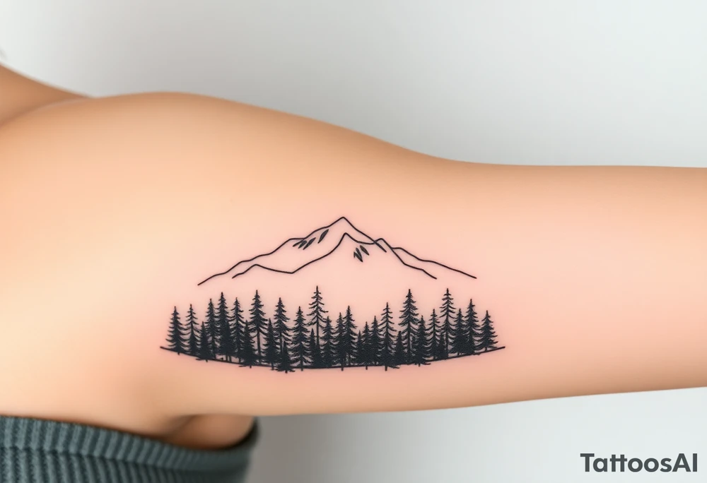 A fine line tattoo where a dense forest of trees transitions into a mountain range, symbolizing the shift from the dark, confusing atmosphere of Exile to the realization and clarity of Out of the Woods. The trees at the bottom are tightly packed, while the mountains gradually spread out and rise, symbolizing a feeling of freedom and escape from emotional turmoil tattoo idea