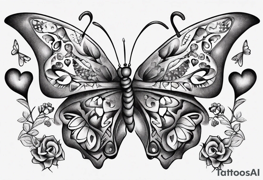 Butterfly with hearts, the name Layla Jones tattoo idea