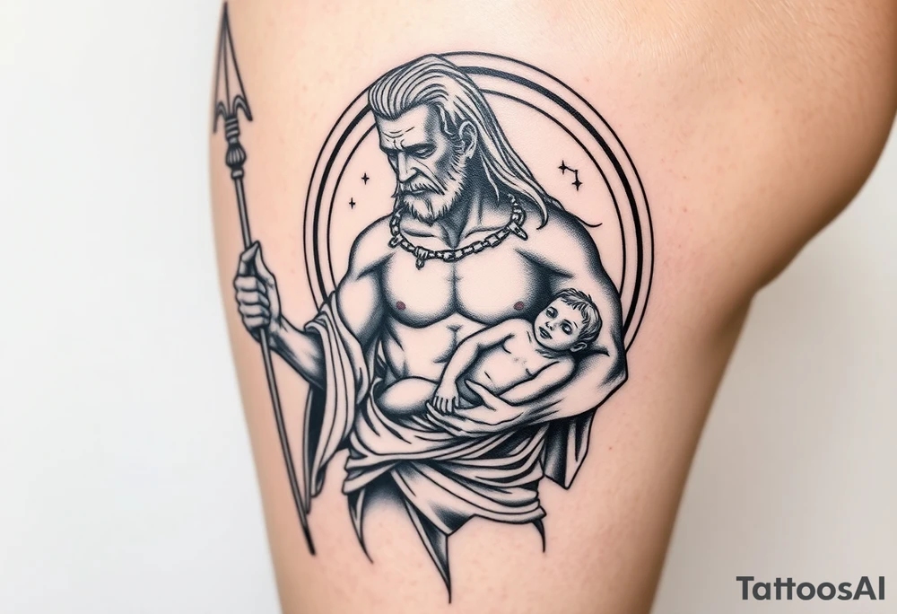a tattoo design of the Greek God Saturn but older and nearly dying holding his spear, in his other arms cradling a twin dying younger version of himself. The gemini constellation is in the background behind the Saturn Gods. Long vertical form as this will be on a thigh - include the planet Saturn rings going round the design tattoo idea