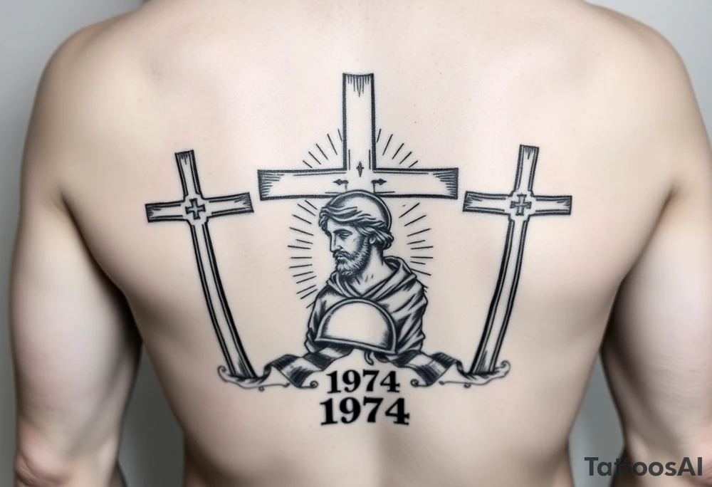 Three crosses the center one being longer than the others a soldier helmet on the ground in the middle of the crosses Jesus side profile behind it with 1974 in Roman numerals in the middle of the three crosses tattoo idea