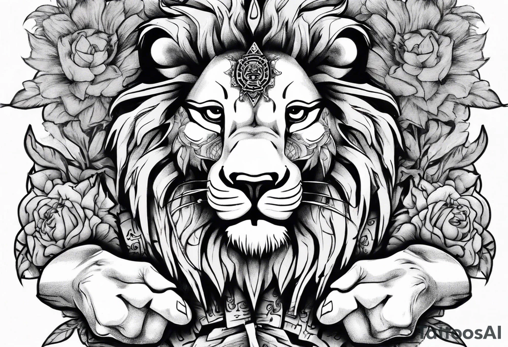 lion holding a khamssa hand with paw tattoo idea