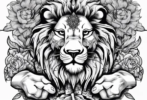 lion holding a khamssa hand with paw tattoo idea