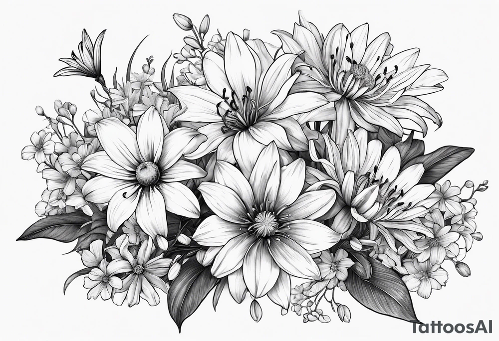 Bouquet of lilies, marigolds, cosmos, and asters tattoo idea