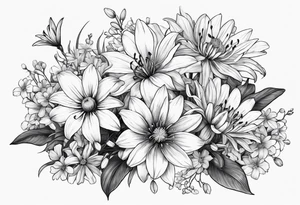 Bouquet of lilies, marigolds, cosmos, and asters tattoo idea