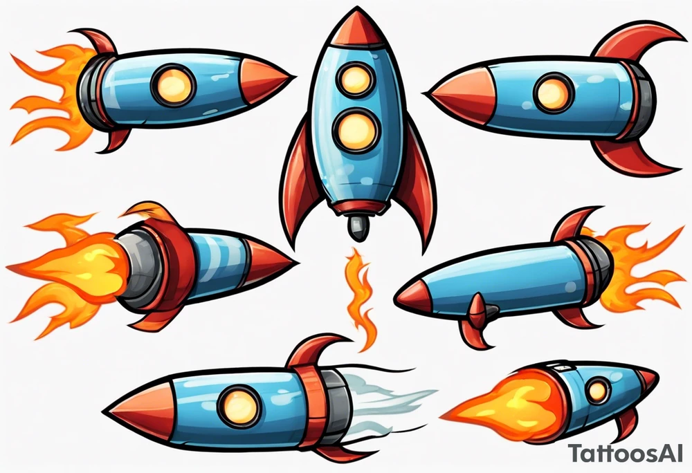 Super simple cartoon rocket ship with a round window, 3 fins, and fire coming out the bottom

Add some shading, color, and detail to make less basic tattoo idea