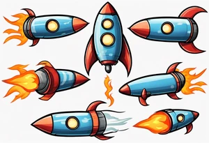 Super simple cartoon rocket ship with a round window, 3 fins, and fire coming out the bottom

Add some shading, color, and detail to make less basic tattoo idea