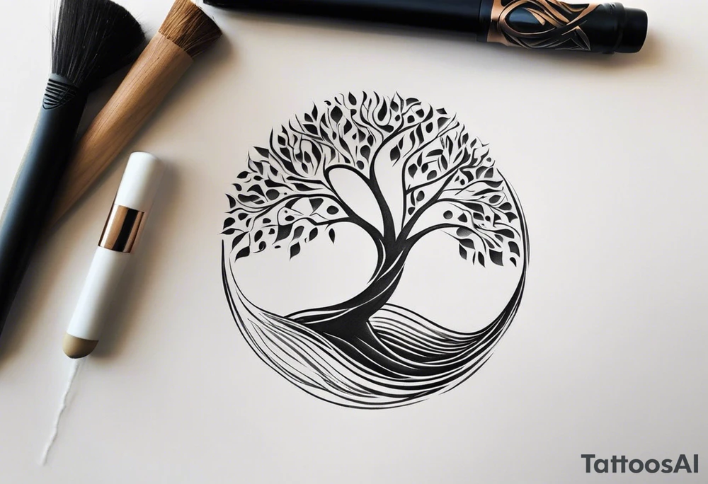 A tattoo design that incorporates the following elements: an abstract tree of life that has roots emerging  from the ground. Waves of water encapsulate the tree and wind around it in an organic way.  Incorporate music.   the letters U and A are overlapping and engraved into the tree. a golf ball incorporated but not prominent. tattoo idea