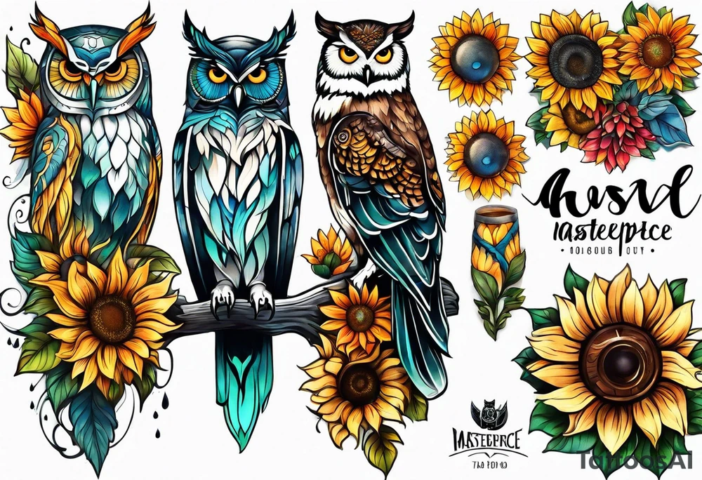 Leg sleeve with colorful sunflowers and an owl tattoo idea