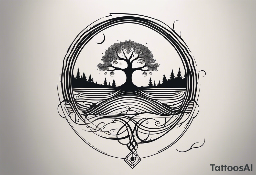 A tattoo design that incorporates the following elements: an abstract tree of life that has roots emerging  from the ground. Waves of water encapsulate the tree and wind around it in an organic way.  Incorporate music.   the letters U and A are overlapping and engraved into the tree. a golf ball incorporated but not prominent. tattoo idea