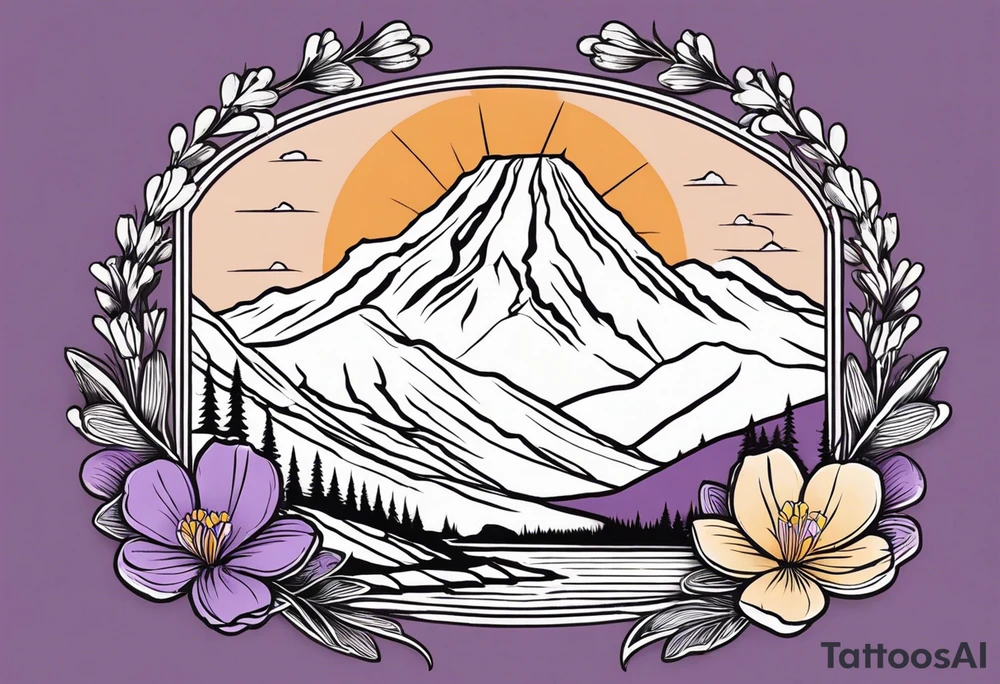 composition with mountain (Gran Sasso) with Crocus flowers, and an explorer trekking. Background in rectangular g shape. Do not enter rivers and trees. Do it in color. The design style must be that of Old School Traditional Tattoo. tattoo idea