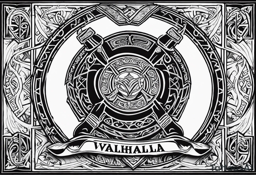 Valhalla viking gods shield hatchet sword tattoo idea
