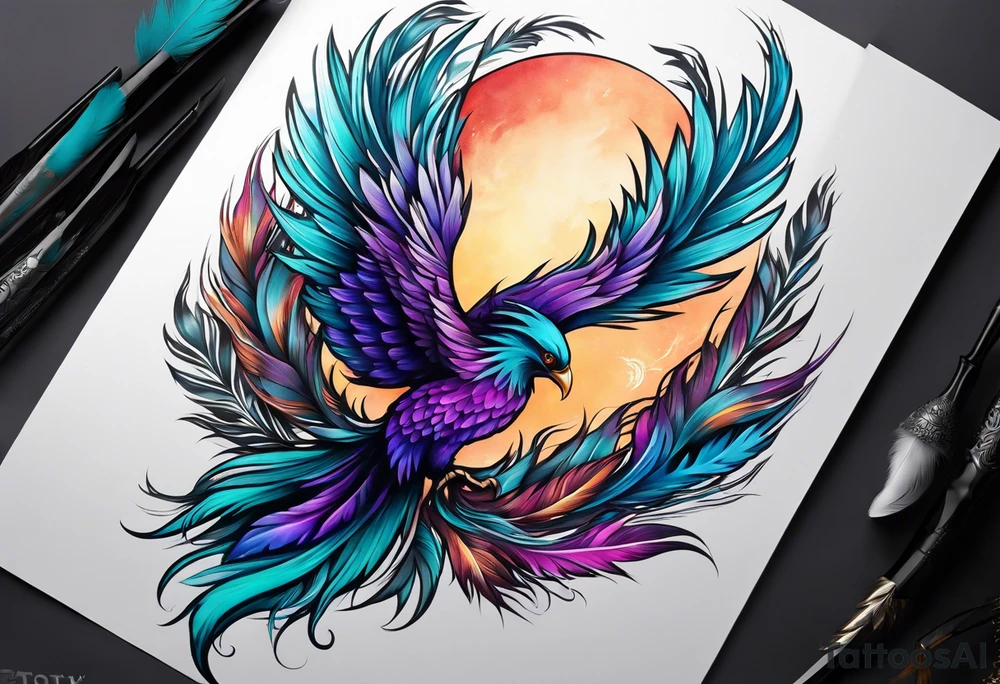 Phoenix on hip down into thigh with feathers that have teal purple and blue tattoo idea
