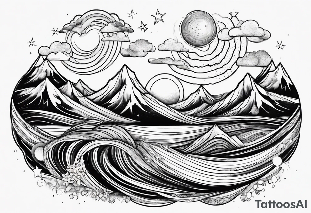 Waves becoming Mountains. Starry sky becoming cloudy Sky. Sun becoming moon tattoo idea