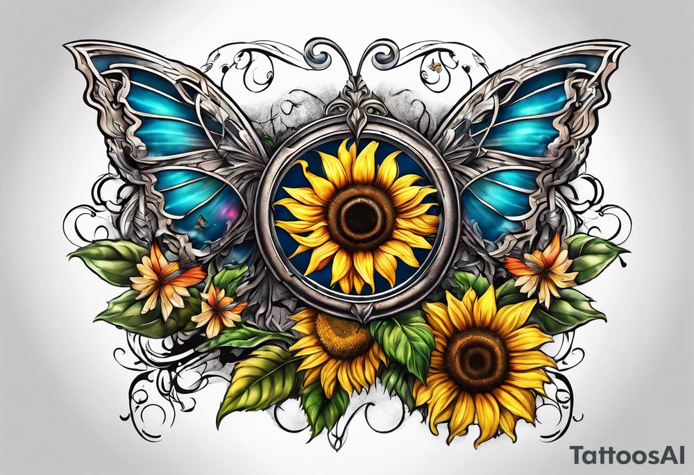 Winged cross with sunflower and butterflies tattoo idea