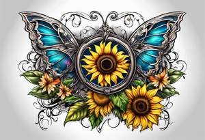 Winged cross with sunflower and butterflies tattoo idea