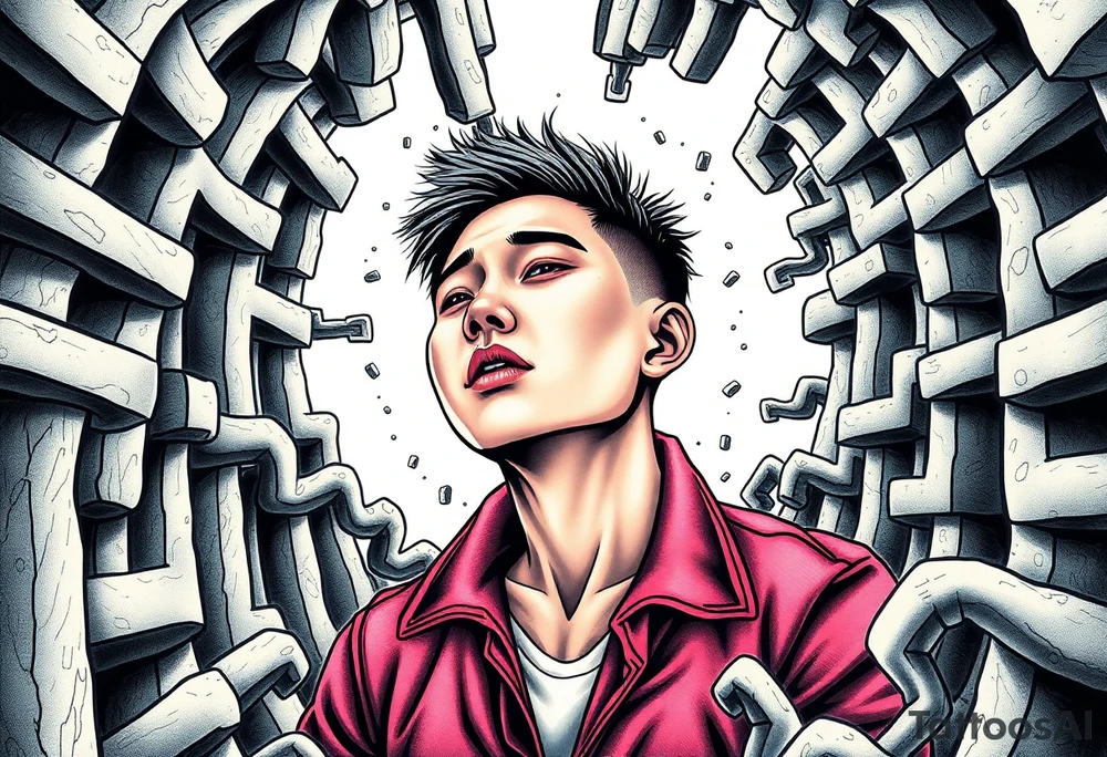 Handsome Asian young guy lost in a scary labyrinth tattoo idea