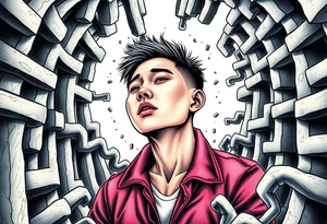 Handsome Asian young guy lost in a scary labyrinth tattoo idea