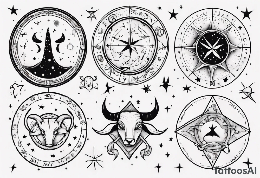 nigh sky, showing zodiac sign for Pisces and Taurus tattoo idea