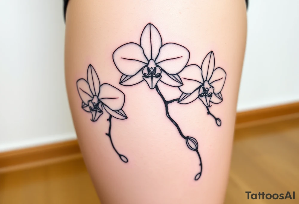 3 delicate fine line orchids realistic with a mix with vagina and branching tattoo idea