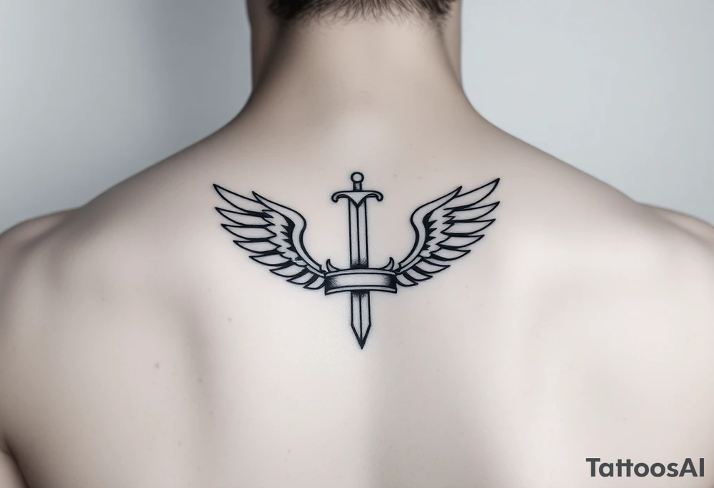 Laurel crown with a sword and wings tattoo idea