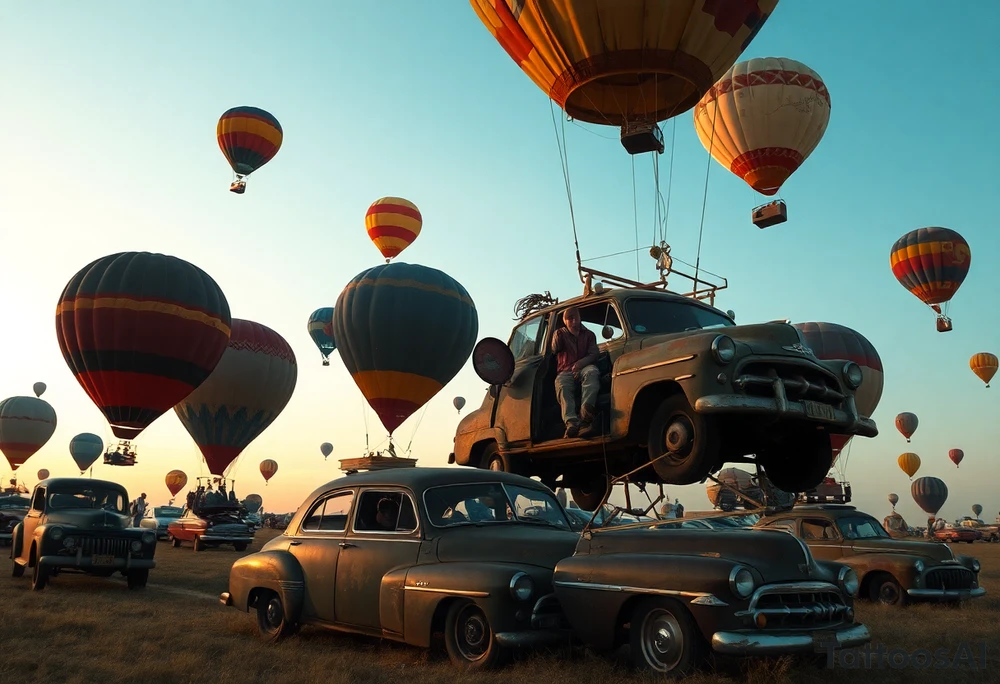 in a very steam punk vibe i want you to make a picture of a bunch of old beat up cars with people lounging in them and garbage and junk all up in and on them, tied to hot air balloons floating in the sky right about dusk and they are as far as the eye can see i want the cars to be floating as if they were the basket to the hot air balloons and the hot air balloons are all different colors and patterns and some are old and patched and i dont want to see the ground at all  i want this to be a scene that is up in the sky with them all floating under the balloons like it is in a dream and every single balloon in the picture is attached to a different old car, and some of the cars you can see people kicked back with thier feet out the window and stuff on the dash of the car, and some with people hanging an arm out hte window some have cigarrette smoke coming out the window, and the balloons all are different but every single car is floating high in the sky and i dont want there to be too many balloons and cars, just a few close together, and the rest ll are smaller and off in the distance 

and it should look like i too am in a car attached to a hot air balloon floating along as well and there should be no ground in sight,... because each one is hiigh in the sky, on a long voyage together tattoo idea