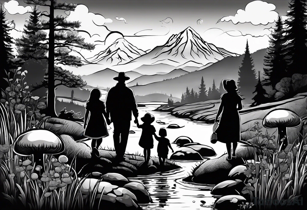 Family silhouette father, mother, son, 2 daughters foraging mushrooms with mountains and creek in background tattoo idea