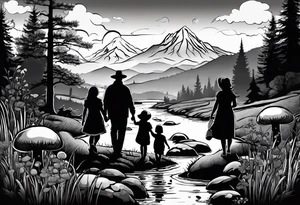 Family silhouette father, mother, son, 2 daughters foraging mushrooms with mountains and creek in background tattoo idea