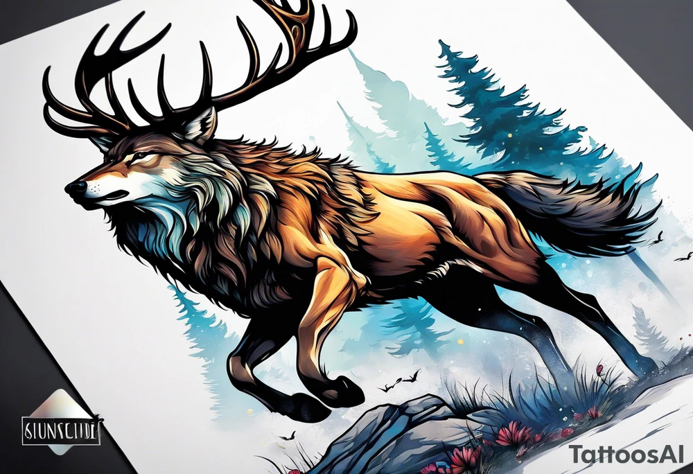 stag running with wolf tattoo idea