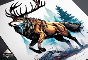 stag running with wolf tattoo idea