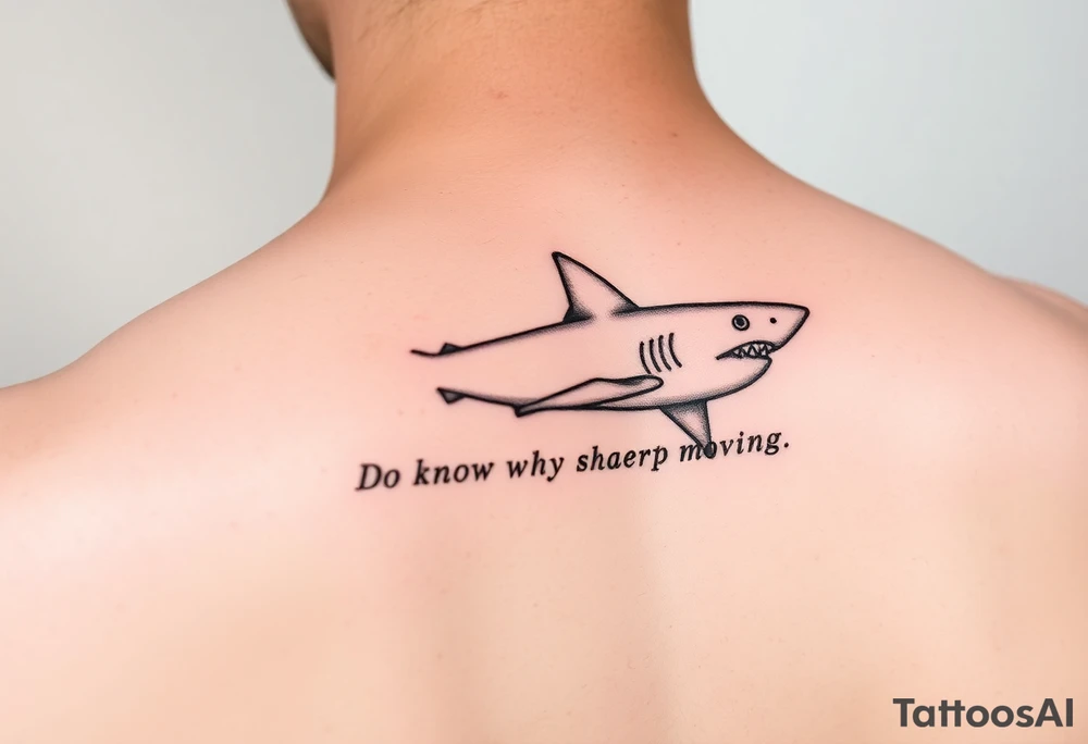 Shark on spine with words “do you know why sharks keep moving” tattoo idea