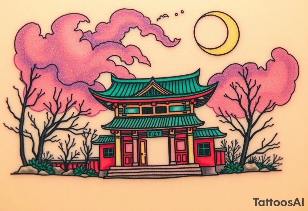 Tim Burton’s haunted pastel Tokyo shrine is abandoned and dripping with muted reds, dusty pinks, and eerie green glow.purple and cyan smokey clouds swirl in the crescent moonlit sky thats sprinkled with stars tattoo idea tattoo idea