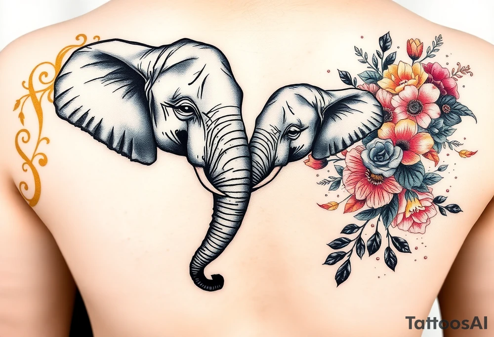 couple of elphants, a mother and a child
 facing foward tangling their trunks
sorrounded by a golden  art frame with beautiful design, but only in the left half, in the right instead of a frma blows a blast of colors with variants of coloured flowers tattoo idea