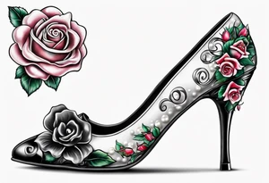 Pearl necklace wrapped around 1950s pinup pumps with roses surrounding tattoo idea