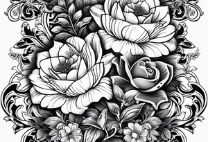 Floral leg piece with beading and lace tattoo idea. monochromatic colorful, old school flowers. tattoo idea