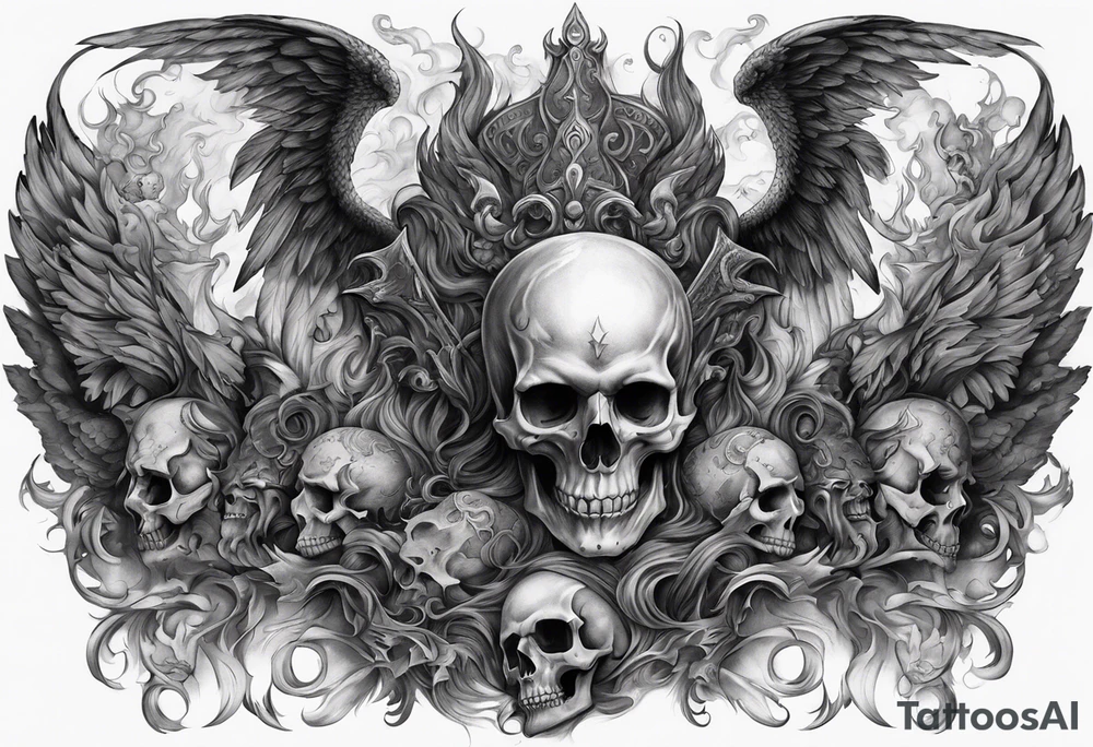 Angels and demons full sleeve with skulls and fire and smoke for filler tattoo idea