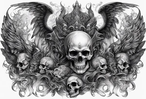Angels and demons full sleeve with skulls and fire and smoke for filler tattoo idea