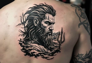 fit poseidon, with trident, looking at the horizon tattoo idea