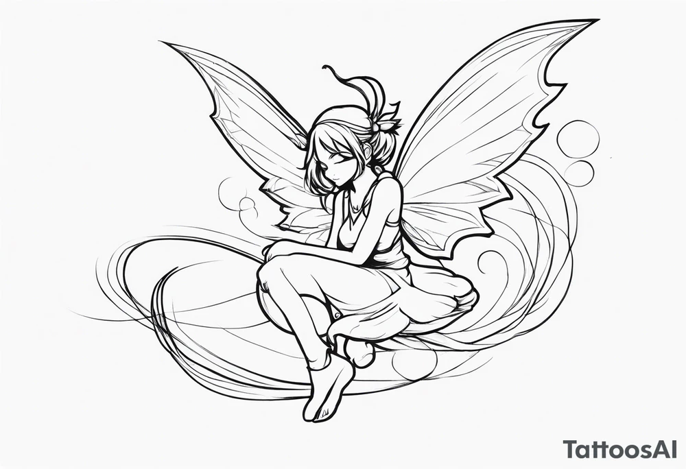 No color sideways sketch of a fairy with a tail inspired by the guild symbol in the anime show called Fairy Tail in a fetal position leaning forward while crawled in with hands a bit forward and her body is an angle while floating in the air tattoo idea