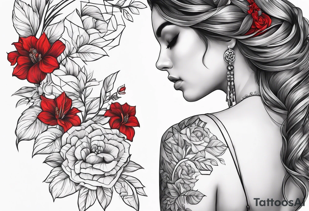 july 24th in roman numerals on the left side of chest and red flowers on other side of shoulder going down to the chest tattoo idea